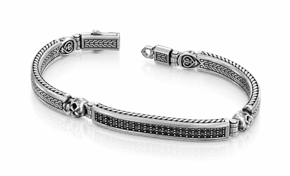 Skull ID Bar Black CZ Bracelet – Sterling Silver