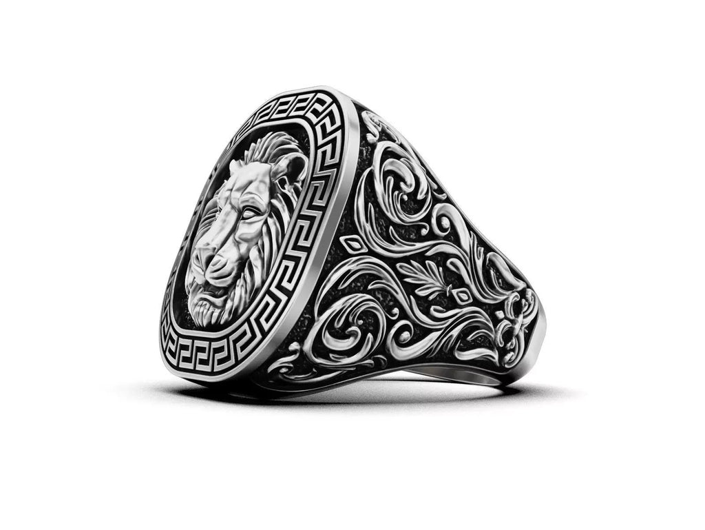 Lion Head Greek Key Signet Ring – Sterling Silver