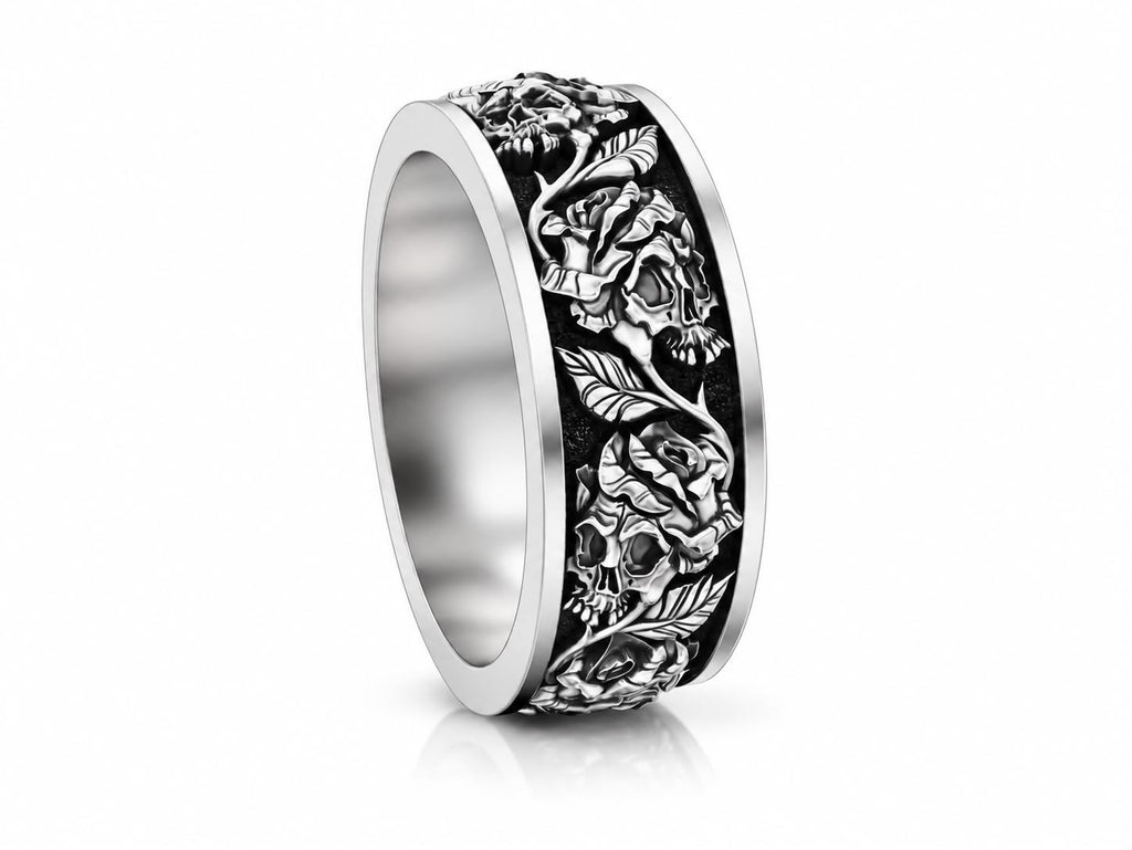 Skulls & Roses Vine Band Ring – Sterling Silver