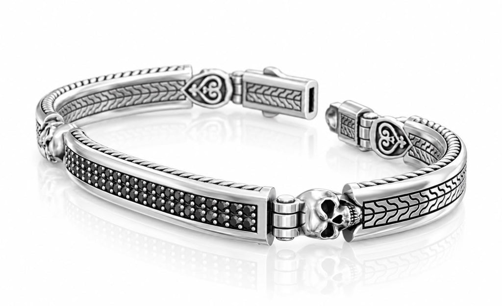 Skull ID Bar Black CZ Bracelet – Sterling Silver