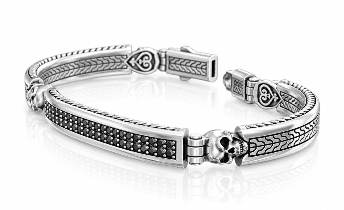 Skull ID Bar Black CZ Bracelet – Sterling Silver