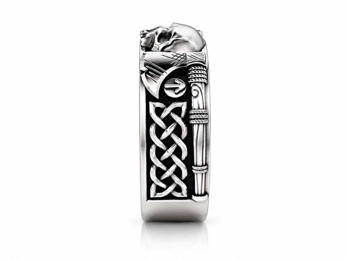 Viking Skull & Battle Axes Band Ring – Sterling Silver