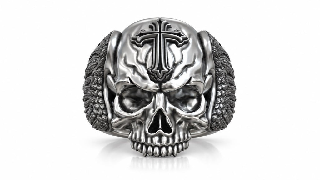 Winged Skull Gothic Cross Ring – Sterling Silver