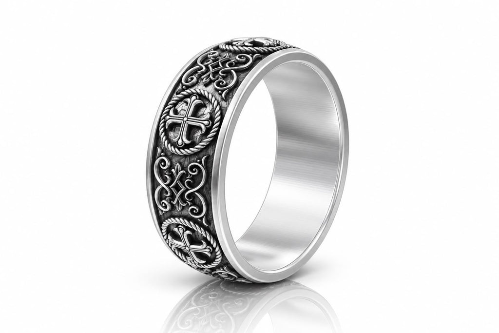 Medieval Cross Rope Medallion Band Ring – Sterling Silver