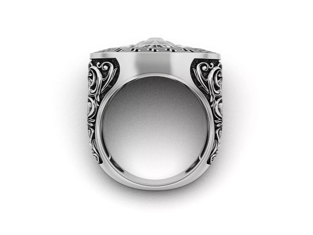 Lion Head Greek Key Signet Ring – Sterling Silver