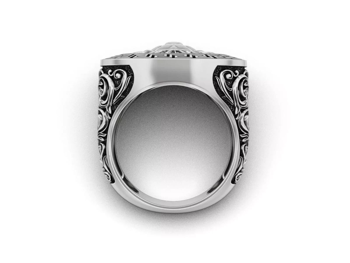 Lion Head Greek Key Signet Ring – Sterling Silver