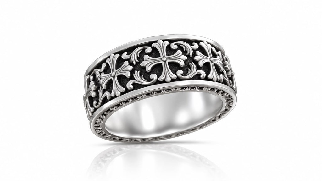 Gothic Fleur Cross Baroque Band Ring – Sterling Silver