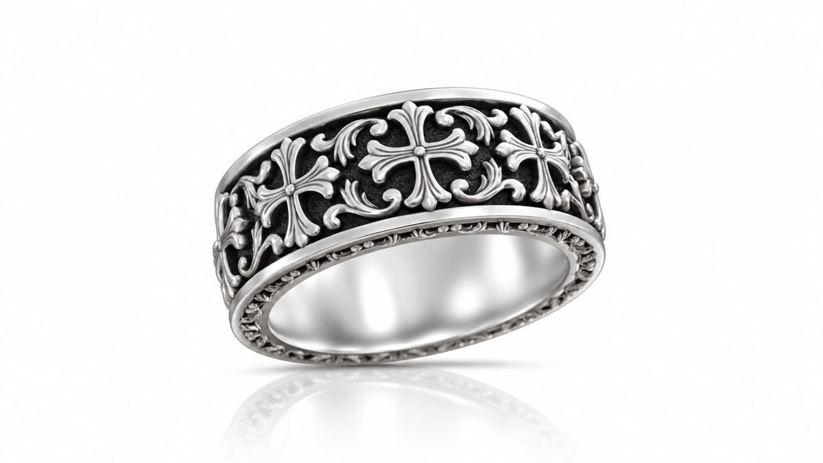 Gothic Fleur Cross Baroque Band Ring – Sterling Silver