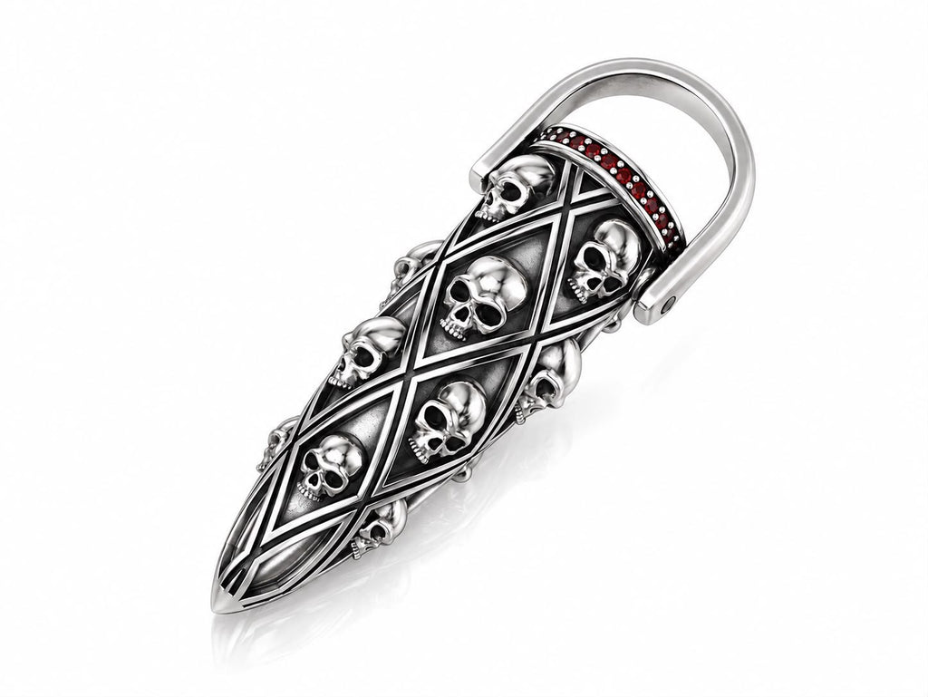 Gothic Skull Full Finger Armor Ring with Red CZ – Sterling Silver