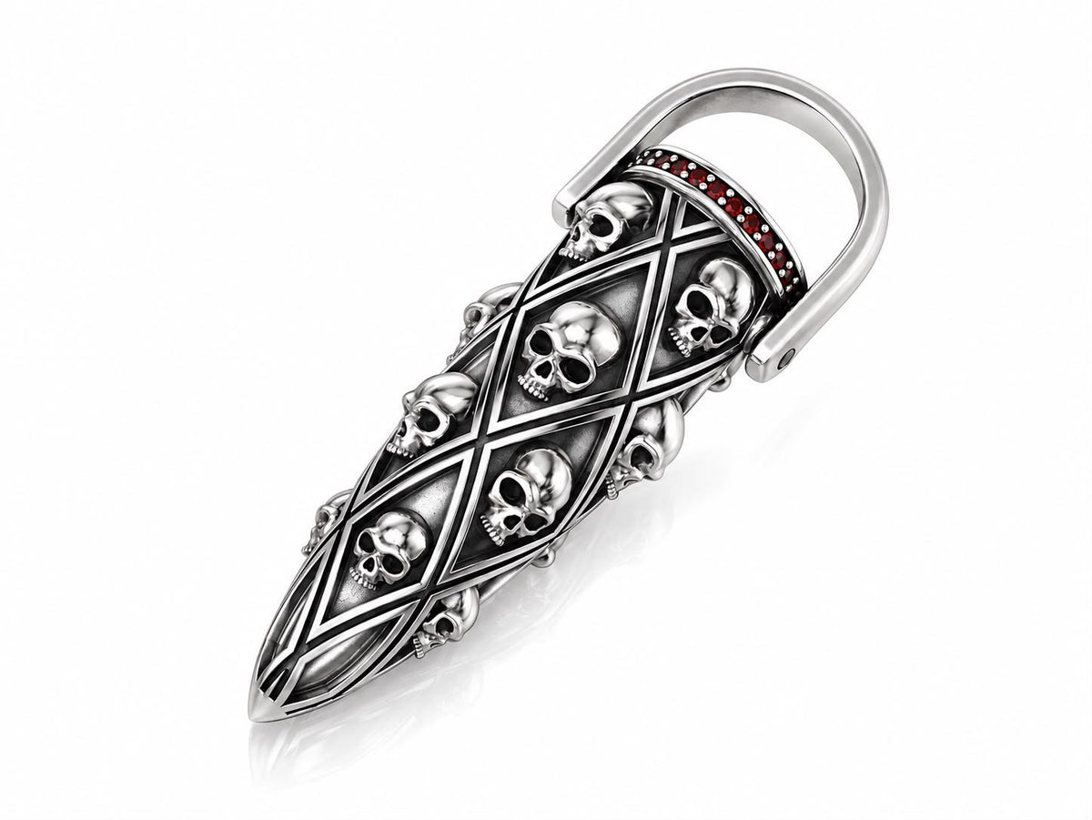 Gothic Skull Full Finger Armor Ring with Red CZ – Sterling Silver