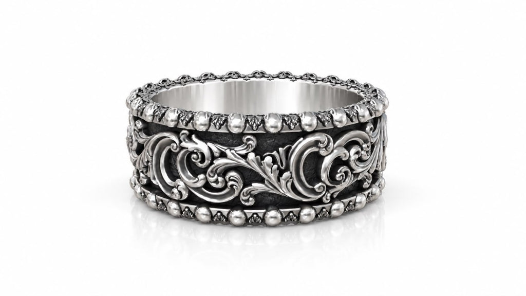 Baroque Acanthus Skull Edge Band Ring – Sterling Silver