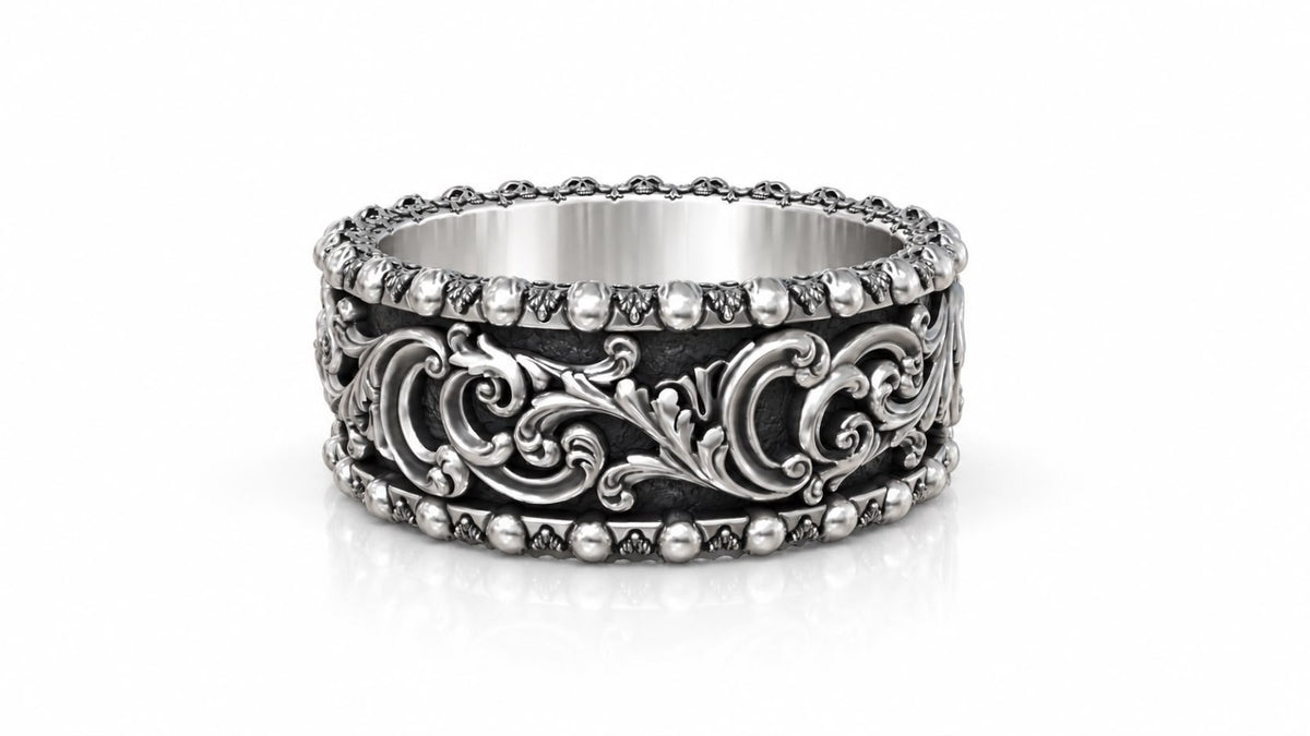 Baroque Acanthus Skull Edge Band Ring – Sterling Silver