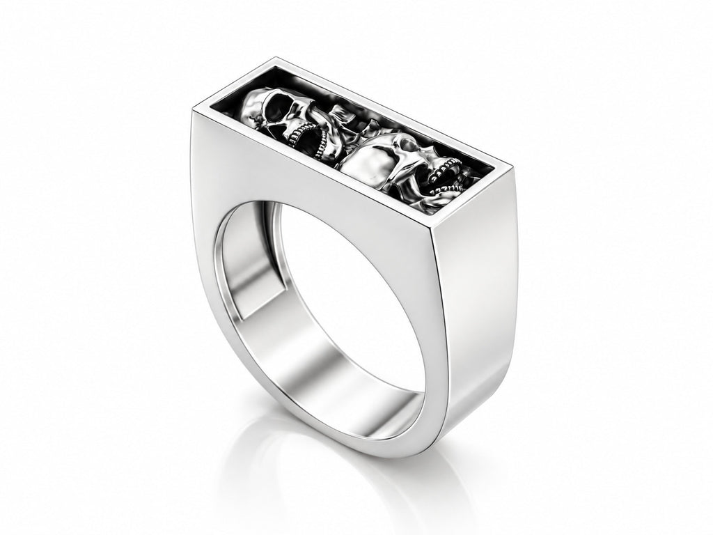 Screaming Skulls Bar Signet Ring – Sterling Silver
