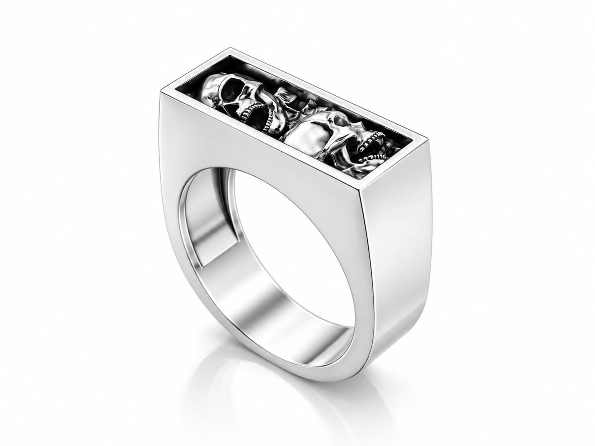 Screaming Skulls Bar Signet Ring – Sterling Silver