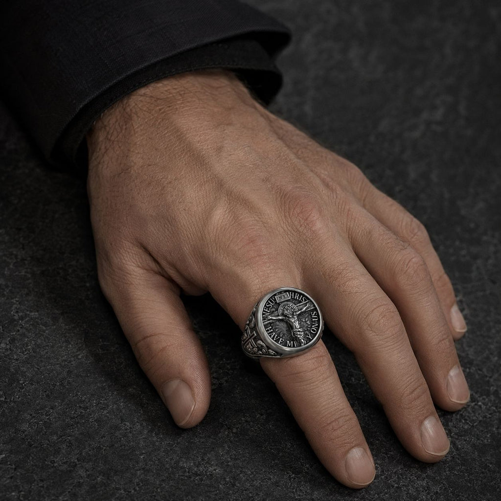Crucifix & Saint Benedict Signet Ring – Sterling Silver