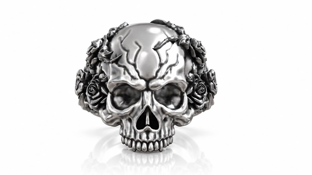 Skull & Roses Gothic Ring – Sterling Silver