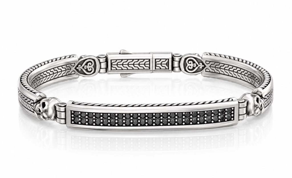Skull ID Bar Black CZ Bracelet – Sterling Silver