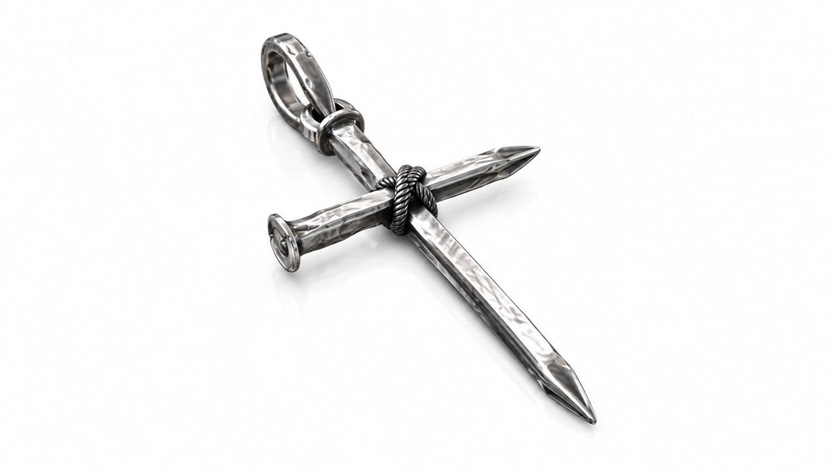 Rope-Wrapped Nail Cross Pendant – Sterling Silver