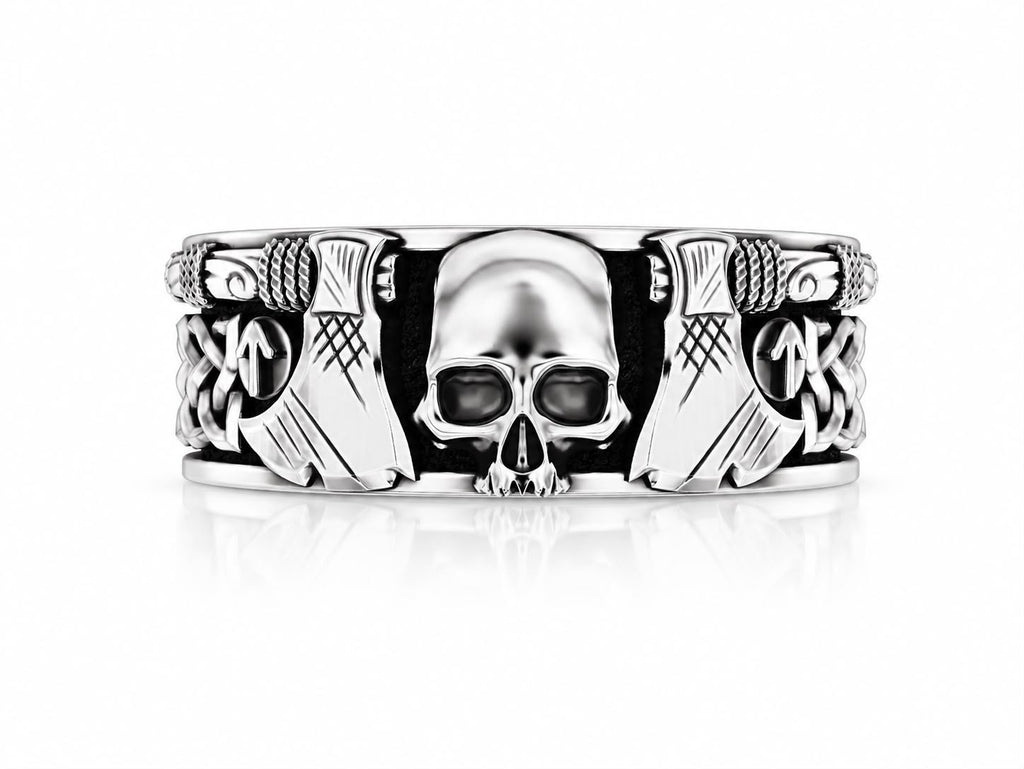 Viking Skull & Battle Axes Band Ring – Sterling Silver