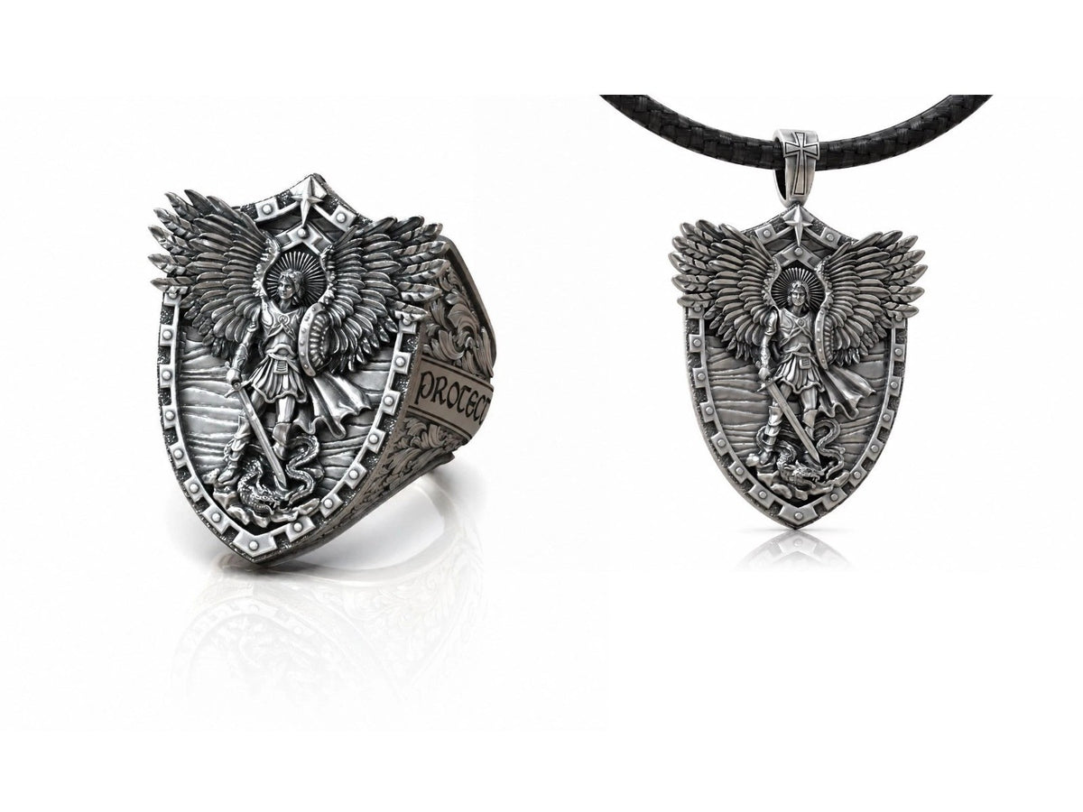 Saint Michael Shield Ring & Pendant Set – Sterling Silver