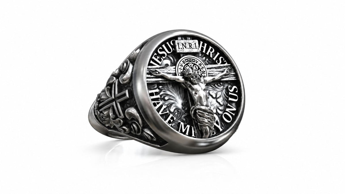 Crucifix & Saint Benedict Signet Ring – Sterling Silver