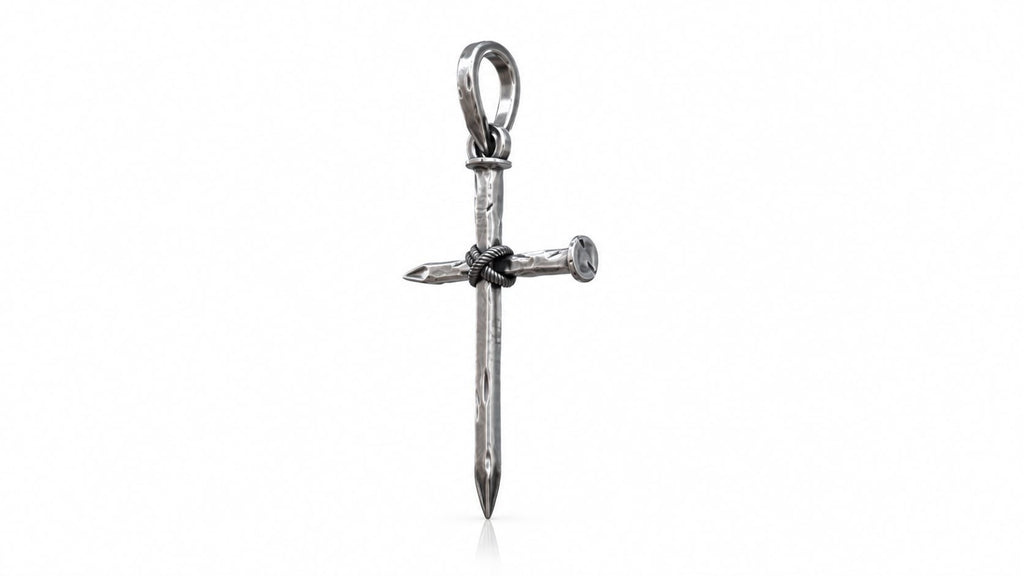 Rope-Wrapped Nail Cross Pendant – Sterling Silver