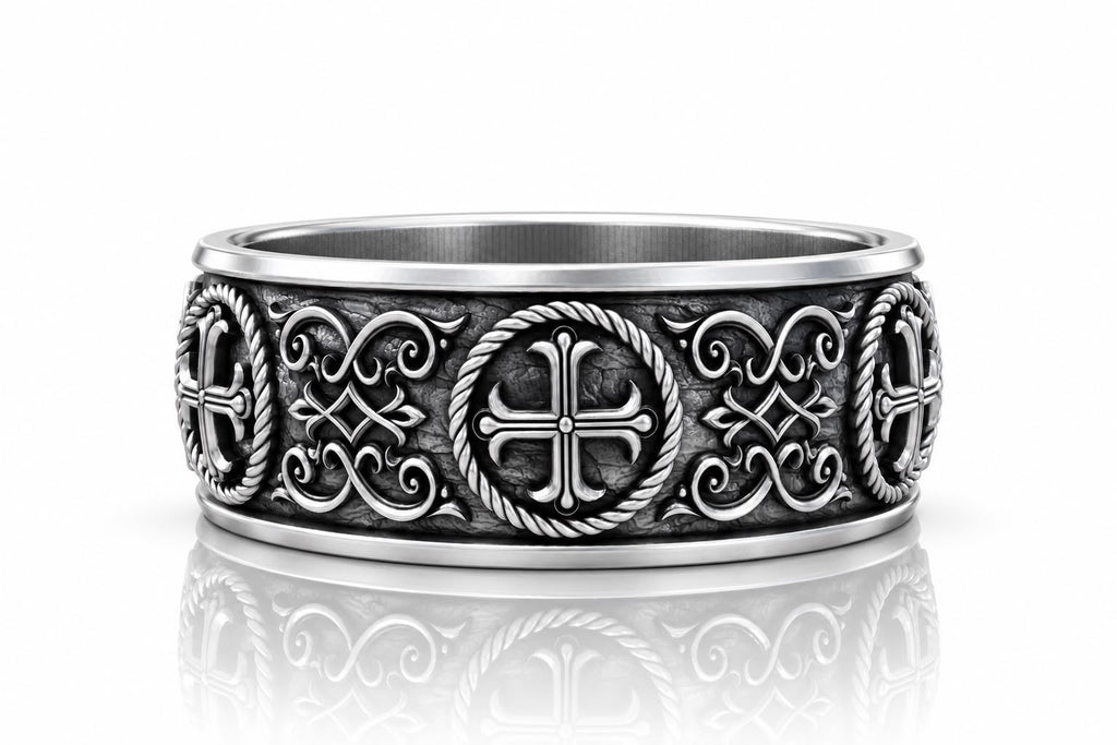 Medieval Cross Rope Medallion Band Ring – Sterling Silver