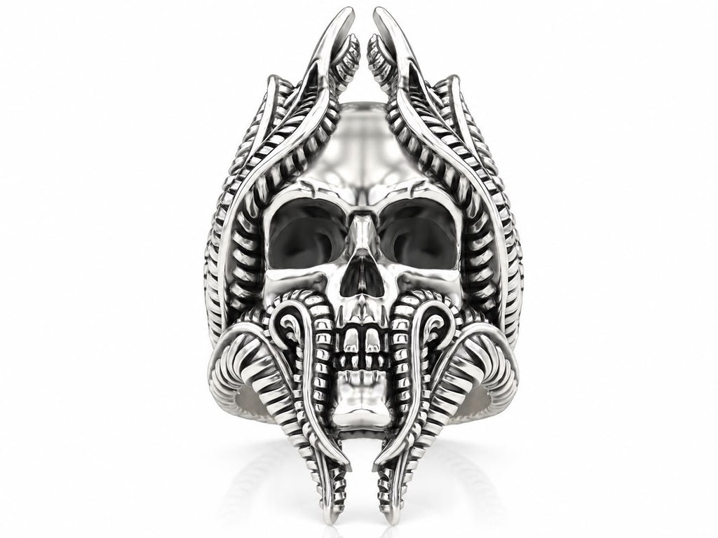 Biomechanical Horned Skull Ring – Sterling Silver