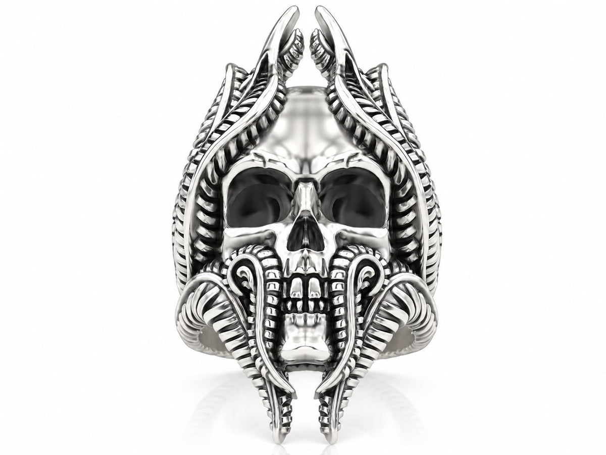 Biomechanical Horned Skull Ring – Sterling Silver