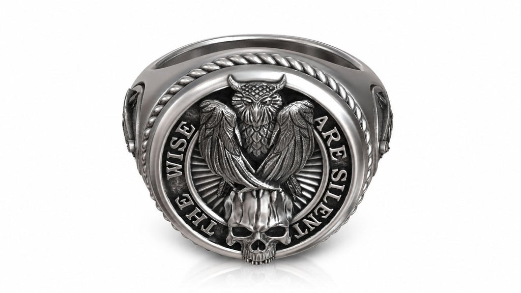 Masonic Owl & Skull Signet Ring – Sterling Silver