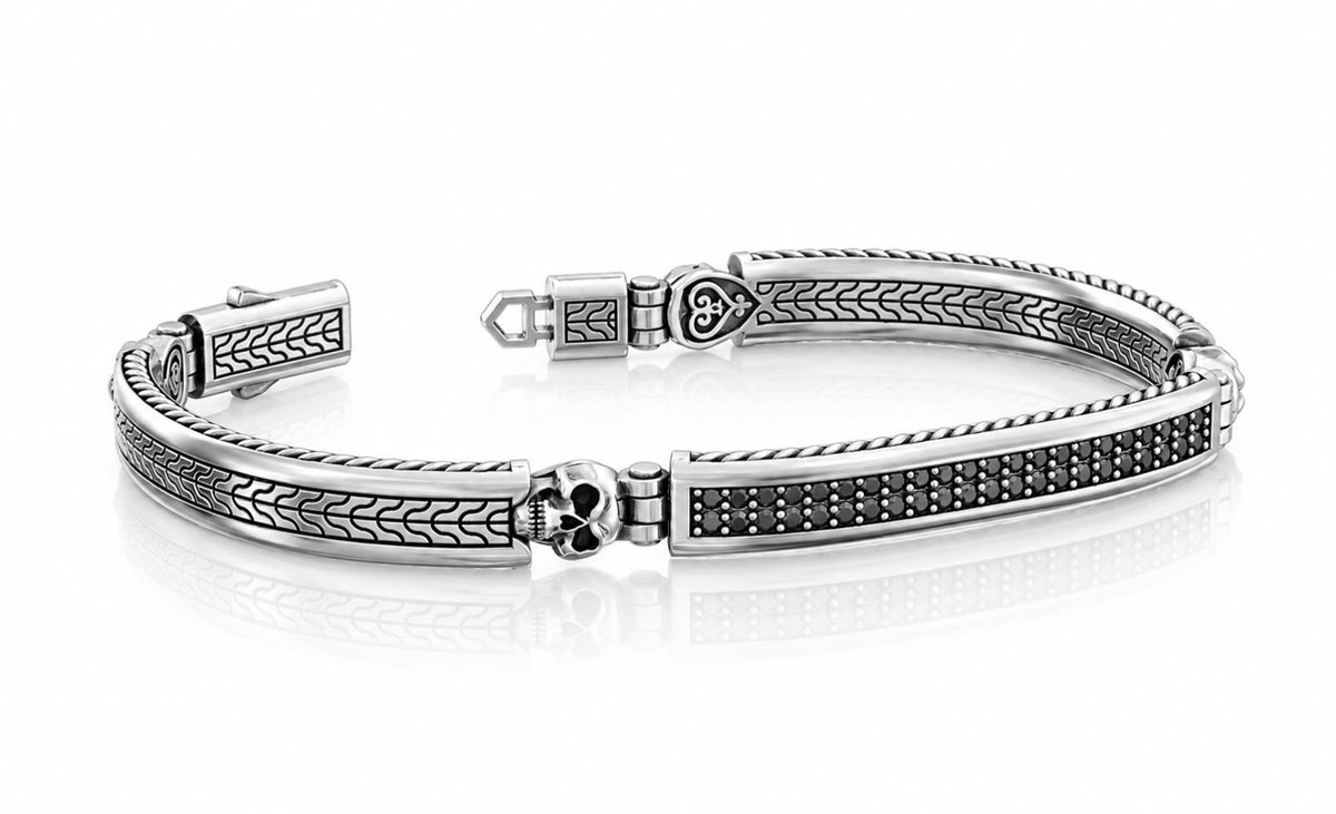 Skull ID Bar Black CZ Bracelet – Sterling Silver
