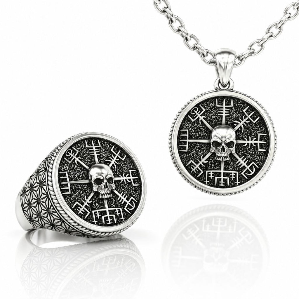 Vegvisir Skull Ring & Pendant Set – Sterling Silver
