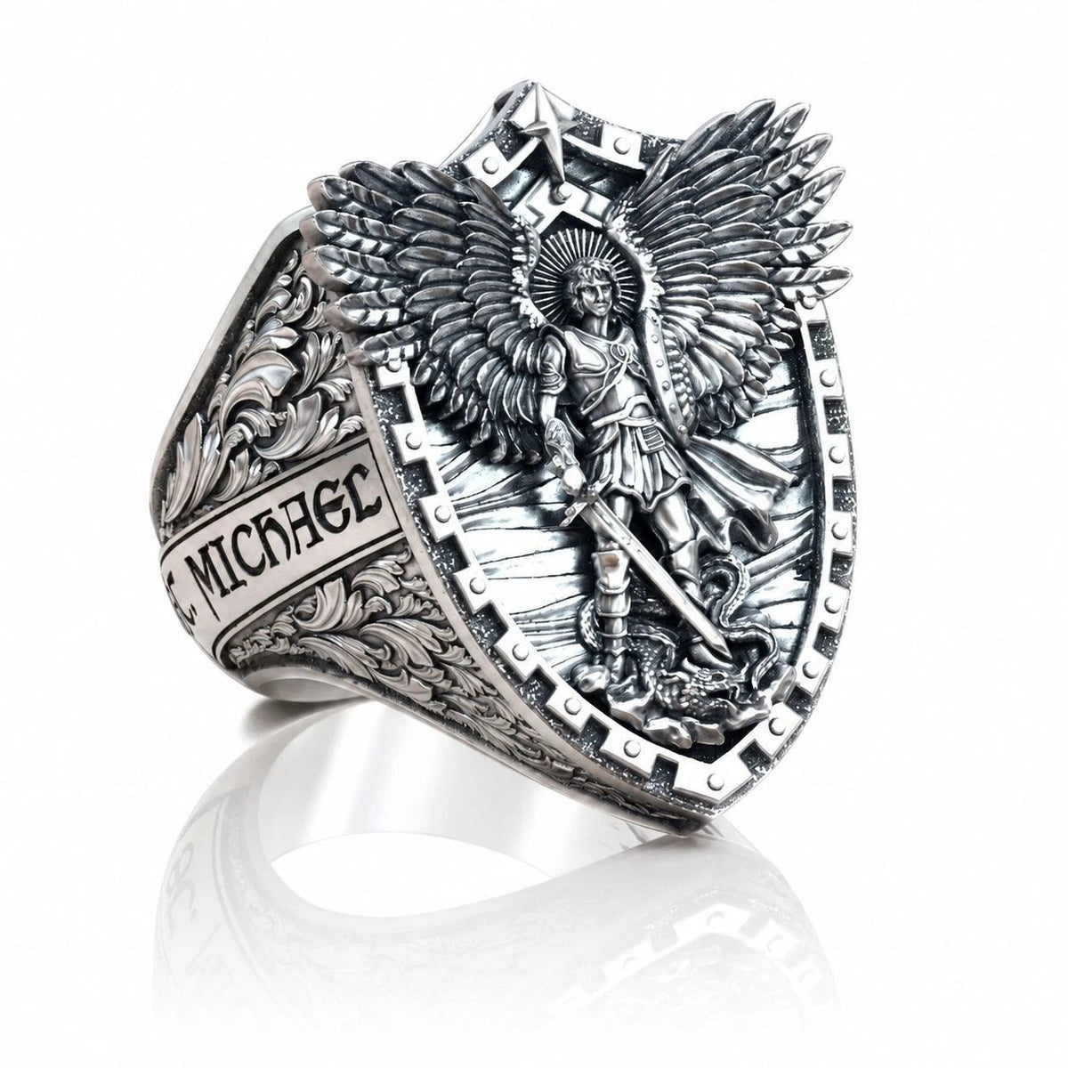 Saint Michael Shield Ring & Pendant Set – Sterling Silver
