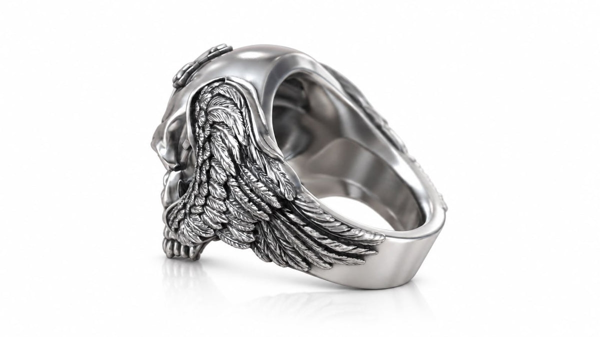 Winged Skull Gothic Cross Ring – Sterling Silver