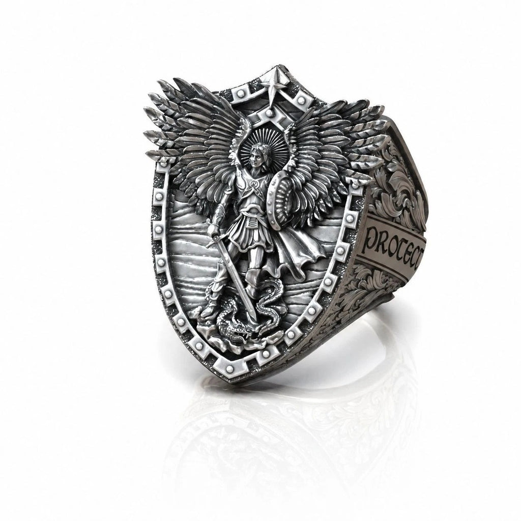 Saint Michael Shield Ring & Pendant Set – Sterling Silver
