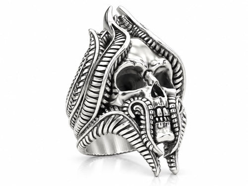 Biomechanical Horned Skull Ring – Sterling Silver