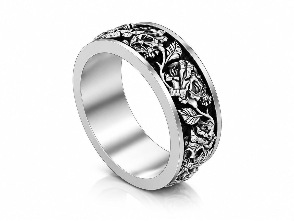 Skulls & Roses Vine Band Ring – Sterling Silver