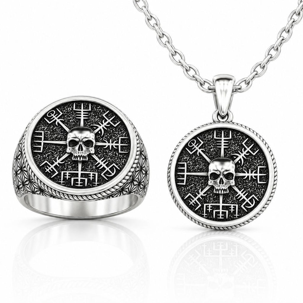 Vegvisir Skull Ring & Pendant Set – Sterling Silver