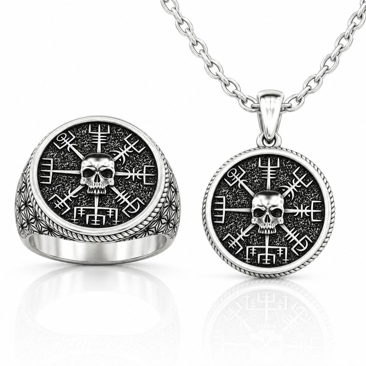 Vegvisir Skull Ring & Pendant Set – Sterling Silver