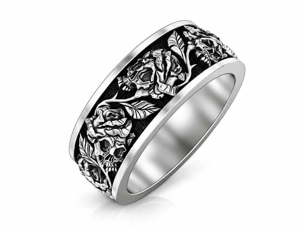 Skulls & Roses Vine Band Ring – Sterling Silver