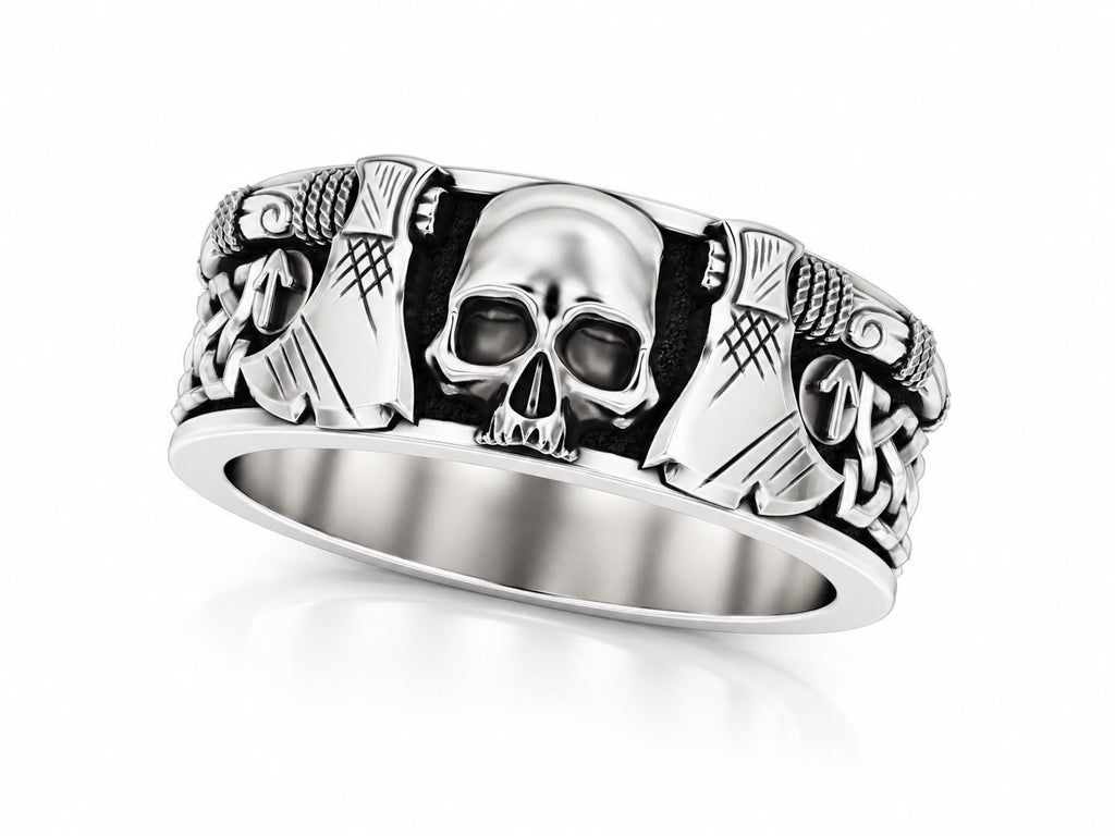 Viking Skull & Battle Axes Band Ring – Sterling Silver
