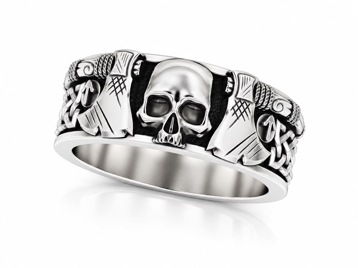 Viking Skull & Battle Axes Band Ring – Sterling Silver