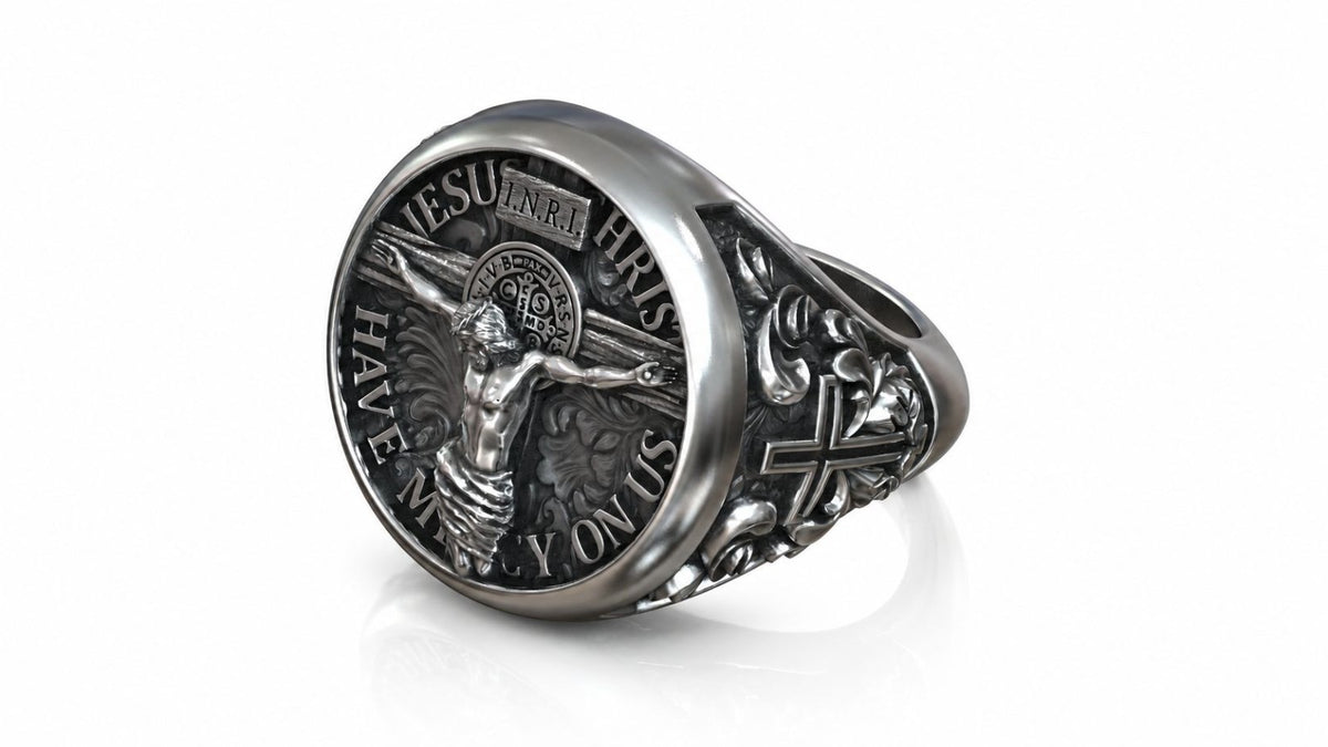 Crucifix & Saint Benedict Signet Ring – Sterling Silver