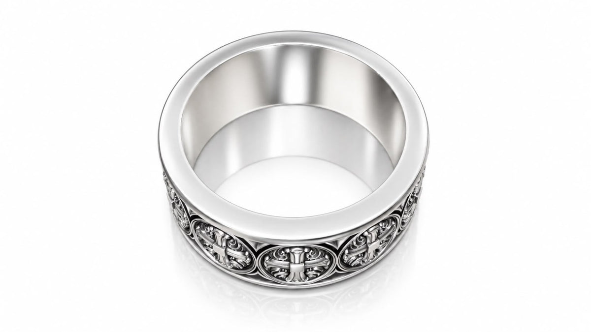 Gothic Cross Medallion Band Ring – Sterling Silver