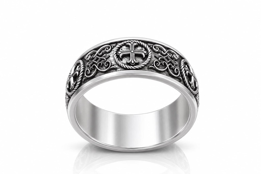 Medieval Cross Rope Medallion Band Ring – Sterling Silver