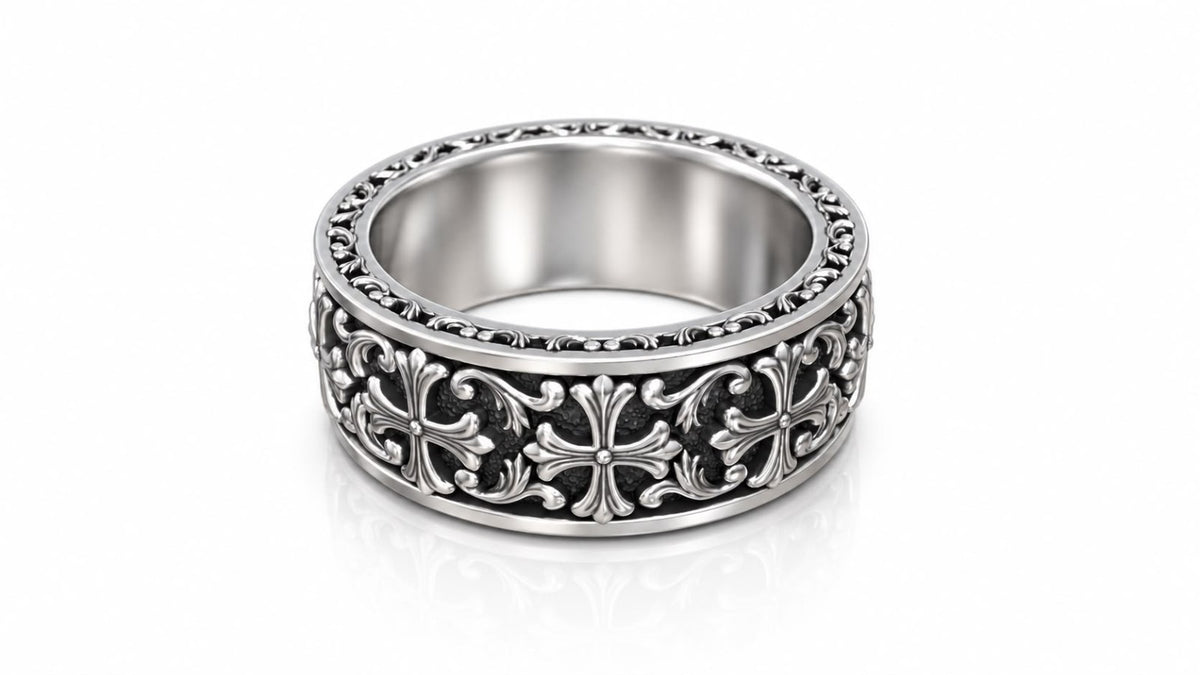 Gothic Fleur Cross Baroque Band Ring – Sterling Silver