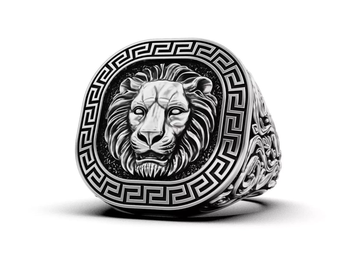 Lion Head Greek Key Signet Ring – Sterling Silver