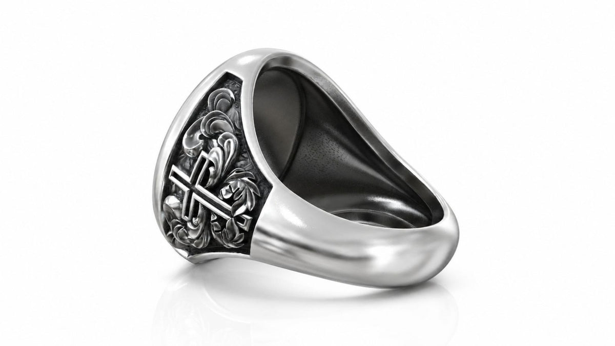 Crucifix & Saint Benedict Signet Ring – Sterling Silver