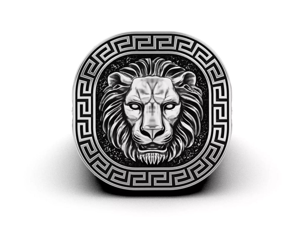 Lion Head Greek Key Signet Ring – Sterling Silver