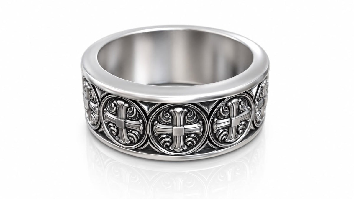 Gothic Cross Medallion Band Ring – Sterling Silver